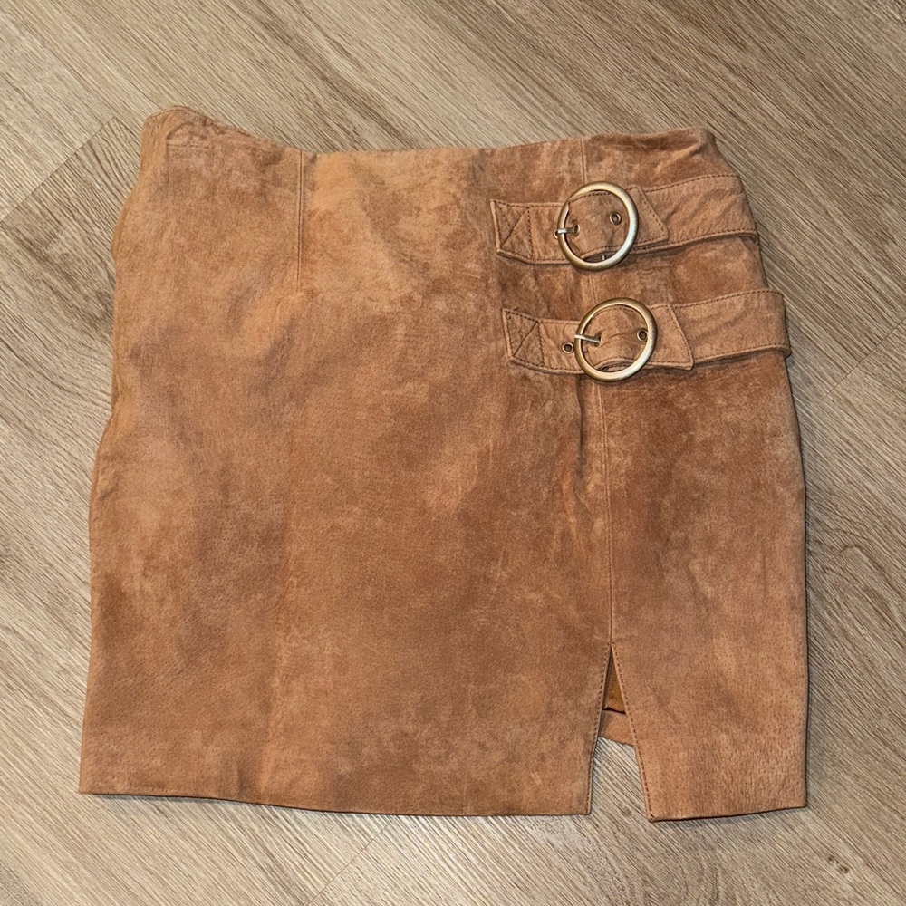 BlankNYC Tan Suede Mini Skirt with Buckle Detail